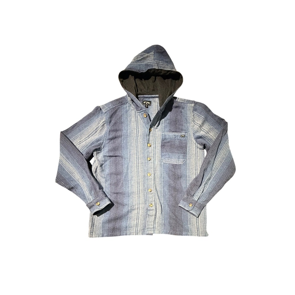 Billabong Mens Hooded Button Down Shirt Blue‎ Striped Flannel Hoodie Small